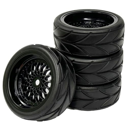 4PCS 64mm Rubber Tires and Plastic Wheel Rims Set 12mm Hex Replacement Part for Sakura Tamiya TT02 HPI HSP Kyosho 1/10 RC On Road Run-flating Touring Racing Car Tyre(Black,Offset:9MM) - color: Black, size: Offset:9mm