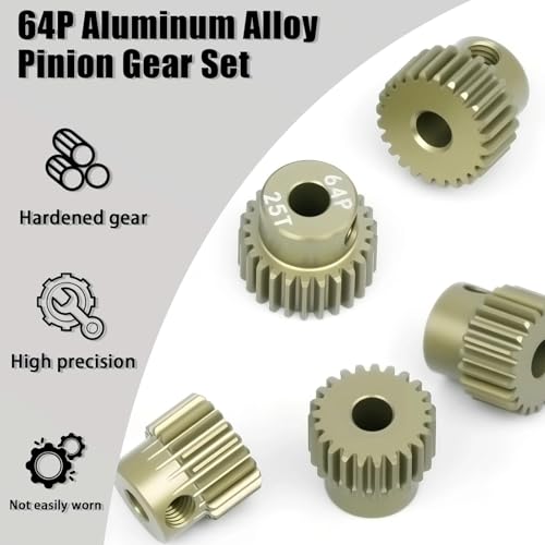 5Pcs 64P Aluminum Alloy Pinion Gear Set 3.175mm 21T 22T 23T 24T 25T Motor Pinion Gear W/ M4 Screw and Hex Key, Fit 3.175mm (1/8-Inch) Shaft, for Arrma HPI Kyosho Losi Axial Traxxas Tamiya 1/10 RC Car - size: 64P-3.175mm-21-25T