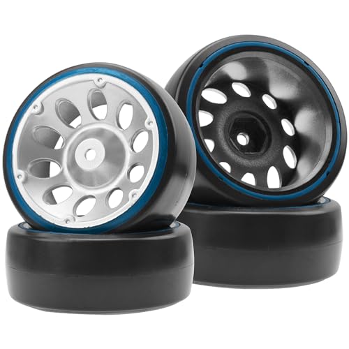 1/10 RC Drift Car Tires 12mm Hex Hub Wheel Rims & Hard Plastic Tyre 6 Spoke Compatible with Traxxas HSP Tamiya Kyosho HPI Redcat 1/10 On-Road RC Drift Drifting Car