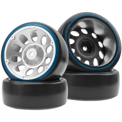 1/10 RC Drift Car Tires 12mm Hex Hub Wheel Rims & Hard Plastic Tyre 6 Spoke Compatible with Traxxas HSP Tamiya Kyosho HPI Redcat 1/10 On-Road RC Drift Drifting Car