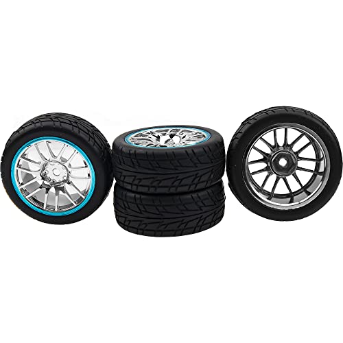 4Pcs 2.59in Rubber Tires & 12mm Hex Plastic Wheel Rims Set 14-Spoke w/Foam Compatible with Traxxas Kyosho HPI Tamiya Associated 1/10 RC On-Road Touring Car (Blue) - color: Blue