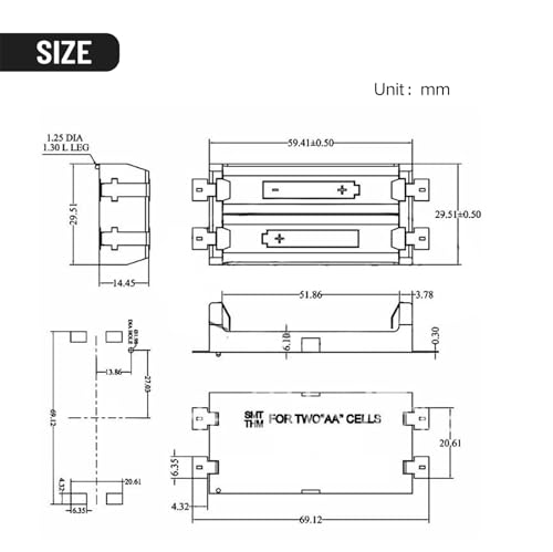 2Pcs SMT Battery Holder for 3V AA 2 Cell, SMD 2 x 1.5V Battery Power Case Plastic Box Soldering DIY Electronic Circuit Project (2AA SMD) - size: 2AA SMD