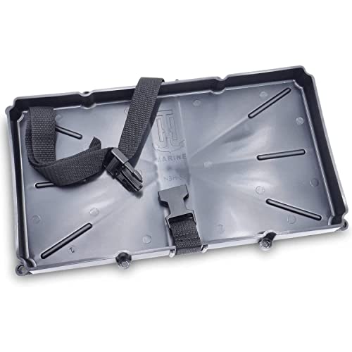 T-H Marine Narrow Battery Tray Holder with Poly Strap – Space Saving NMMA Certified Battery Tray with Recessed Mounting Wells for Marine, RV, and Trolling Motor Installations – Group 24, 10-5/8" x 7"