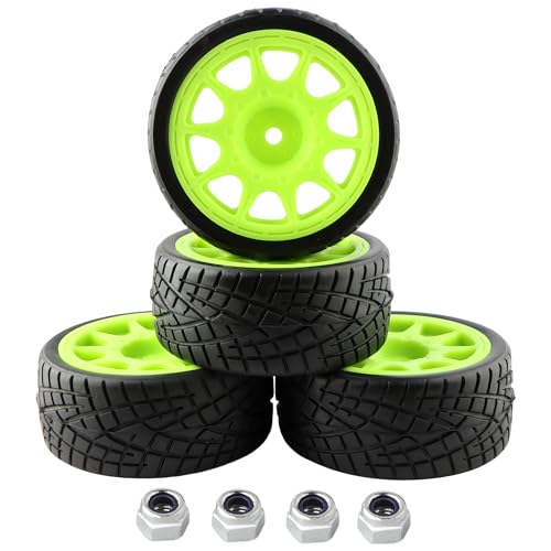 1/10 Scale OD2.55 RC On Road Touring Racing Tires 12mm Hub Wheel Hex Compatible with Traxxas 4 Tec 2.0 Tamiya TT01 XV01 Kyosho WR8 Sakura WLtoys HPI 1/10 Arrma Grom RC Cars(Green) - color: Green