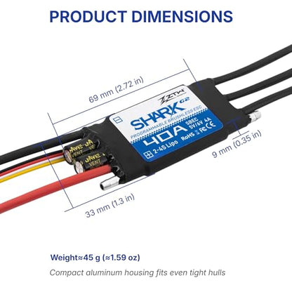 ZTW Shark G2 40A ESC 2-4S Built-in Swithcing BEC 5V/6V 4A Water-Cooling Bidirectional Waterproof Brushless Speed Controller for RC Boat Marine - size: 40A