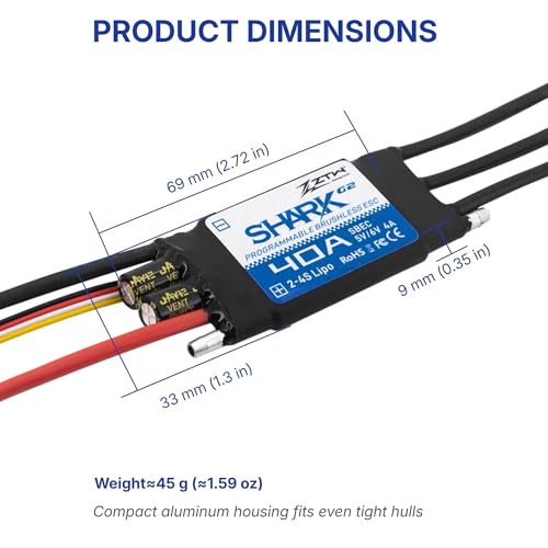 ZTW Shark G2 40A ESC 2-4S Built-in Swithcing BEC 5V/6V 4A Water-Cooling Bidirectional Waterproof Brushless Speed Controller for RC Boat Marine - size: 40A