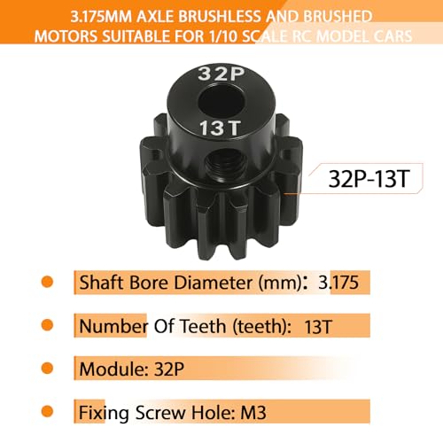 32P 13T Pinion Gear 3.175mm Shaft Hardened Steel, 32 Pitch Motor Gear for 1/10 Scale RC Car Truck Crawler Monster Buggy, Compatible with Traxxas for Axial 540 550 Brushed 3650 3660 Brushless - color: 13T