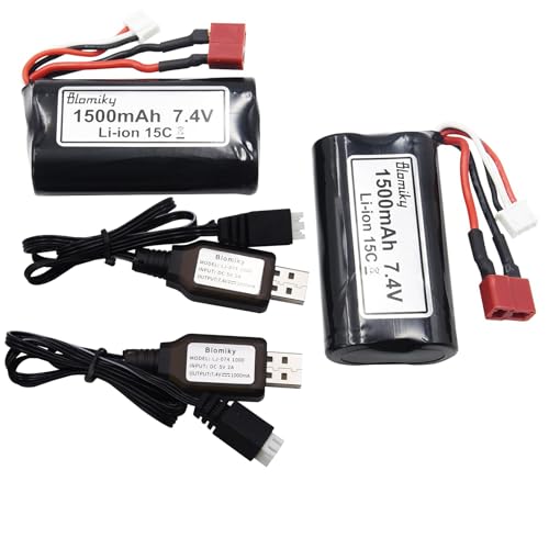 Blomiky 2 Pack 7.4V 1500mAh 15C Li-ion Rechargeable Battery with T Plug Connector and USB Cable for 9155 and 9156 1:12 Scale High Speed RC Truck 9156