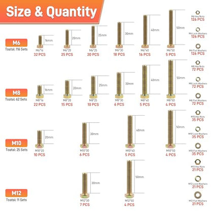 Quibbay 976pcs Nuts and Bolts Assortment Kit, Grade 8.8 Metric Bolt Assortment with Assorted Nuts and Washers, Heavy Duty M6 M8 M10 M12 Hex Bolts and Nuts Kit, Yellow Zinc Plated, Length from 16-50mm - style: 976pcs M6 M8 M10 M12