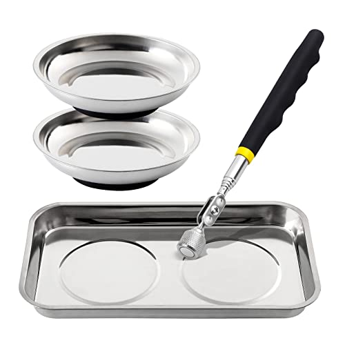 3 Pieces Magnetic Trays with 8LBs Telescoping Magnetic Pick-up Tool Set, 9.5" Rectangle, 2 Pieces 4" Stainless Steel Magnet Parts Tray for Screws, Sockets, Bolts, Mechanic's - size: 9.5", 2 x 4"+8LB Pickup