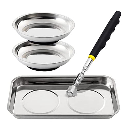3 Pieces Magnetic Trays with 8LBs Telescoping Magnetic Pick-up Tool Set, 9.5" Rectangle, 2 Pieces 4" Stainless Steel Magnet Parts Tray for Screws, Sockets, Bolts, Mechanic's - size: 9.5", 2 x 4"+8LB Pickup