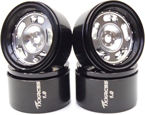 RC 1.0 Beadlock Wheels Offsets -2 Aluminum Rims for AX24 1/18 TRX4M All 1/24 Scale SCX24 Deadbolt RC Crawler Car Wheels Upgrades 4Pc (Silver & Black) - color: Silver & Black
