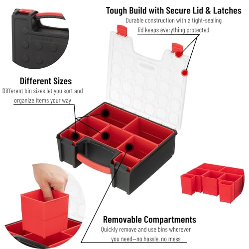 INTERTOOL Hardware Organizer with 7 Deep Removable Bins - Small Parts Storage Tool Box for Nuts, Bolts, Screws, Nails - Portable Handle Transparent Lid with Locks BX08-4032 - style: 7 Removeable Bins, Deep