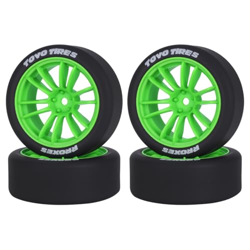 AMK 1/10 RC Drift Wheels & Tires Set, Hard Plastic Drift Tires with 12mm Hex Wheels, Complete 4-Pack for On-Road RC Drift Cars, Fits Tamiya TT01 TT02 XV01, Kyosho, HPI, HSP (Green) - color: Green