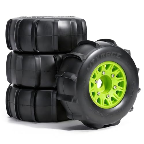 Pre-Glued Sand & Snow Paddle Wheel & Tire Set for 1/10 RC Truck Fits Slash, Arrma Fury/Senton, Tekno SCT410, HSP 94155, 117 x 45.5 mm, 12/14/17 mm Hex, 4 pcs, Green - color: Green