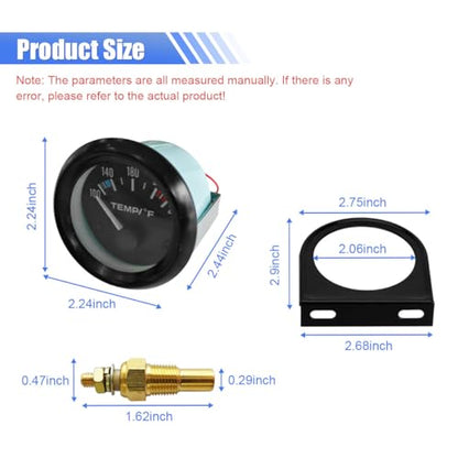 BDZMC 2" 52mm DC12V Car Water Temperature Gauge, 100-250℉ Water Temp Gauge Meter Kit with LED Backlight and Sensor, Fit for Car Truck Boat Marine Ship
