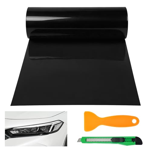 Car Light Tint Film, 12" × 48" Waterproof Headlight Vinyl Wrap Film Includes Squeegee & Cutter, Self-Adhesive Air-Release Wrap for Fog Lights, Taillights, and Headlights (Dark Black) - color: Dark Black