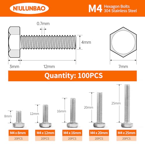 M4 x 8mm 12mm 16mm 20mm 25mm Heavy Duty Hexagon Bolts Hex Head Screws, 304 Stainless Steel, Metric Machine Fully Threaded, Bright Finish, Assortment Kit 100PCS - size: M4 x 8/12/16/20/25mm (100PCS)