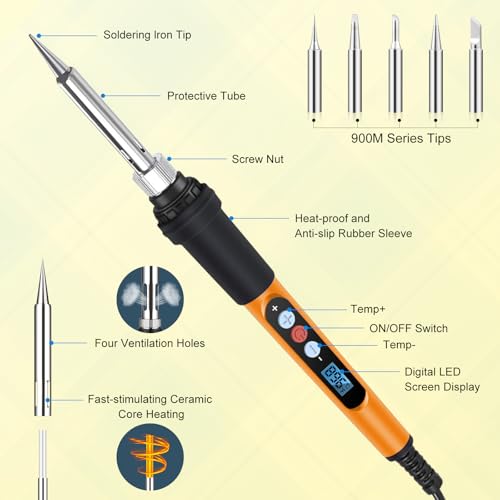 Soldering Iron Kit, 90W 110V Fast Heating LED Digital Soldering Pen, Adjustable Temperature Soldering Iron with Ceramic Heater, 10-in-1 Soldering Kit for Electronics Repair and DIY Projects - color: 10 in 1 Orange