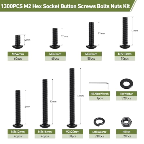 1300PCS M2 Bolt Assortment Kit, Hex Socket Button Head Screws Nuts Bolts Washer Assortment Kit 10.9 Grade Alloy Steel Black Oxide M2 x 4/6/8/10/12/16/20mm - size: M2 1300PCS Button Black