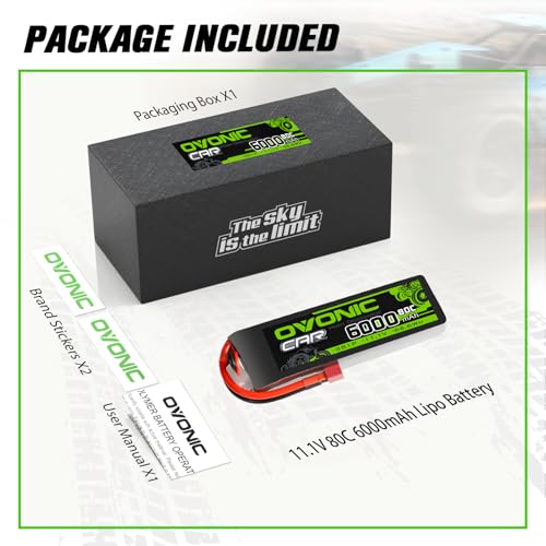 OVONIC 11.1V Lipo Battery 3S 80C 6000mAh Soft Case Battery with Dean-Style T Connector Plug for RC 1/8 1/10 Scale Vehicles Car Trucks Boats
