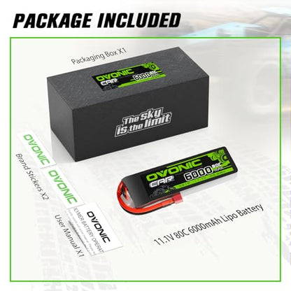 OVONIC 11.1V Lipo Battery 3S 80C 6000mAh Soft Case Battery with Dean-Style T Connector Plug for RC 1/8 1/10 Scale Vehicles Car Trucks Boats