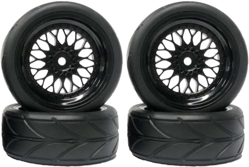 4PCS 64mm Rubber Tires and Plastic Wheel Rims Set 12mm Hex Replacement Part for Sakura Tamiya TT02 HPI HSP Kyosho 1/10 RC On Road Run-flating Touring Racing Car Tyre(Black,Offset:3MM) - color: Black, size: Offset:3mm