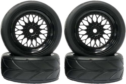4PCS 64mm Rubber Tires and Plastic Wheel Rims Set 12mm Hex Replacement Part for Sakura Tamiya TT02 HPI HSP Kyosho 1/10 RC On Road Run-flating Touring Racing Car Tyre(Black,Offset:9MM) - color: Black, size: Offset:9mm