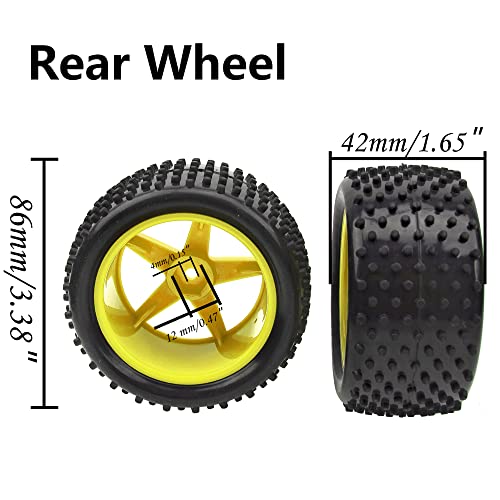 4Pack HIRCQOO OD 88mm/3.46" Front & Rear Rubber Plastic Wheel Rims Tires 12mm Hex Hub Compatible with Redcat Tornado Shockwave HPI HSP ExceedRC Kyosho 1/10 Scale Off Road Buggy (Yellow) - color: Yellow
