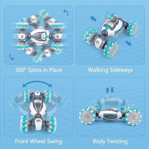 PREPOP Gesture Sensing RC Stunt Car, Birthday for Age 6 7 8-12 13+ Year Old Boys - Cool Toys for Kids, Hand Controlled Remote Control Twist Vehicle with Lights & Music, 4WD Rotating - color: White Grey Blue