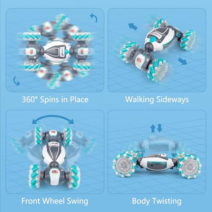 PREPOP Gesture Sensing RC Stunt Car, Birthday for Age 6 7 8-12 13+ Year Old Boys - Cool Toys for Kids, Hand Controlled Remote Control Twist Vehicle with Lights & Music, 4WD Rotating - color: White Grey Blue