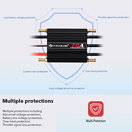 FLYCOLOR 70A Waterproof Brushless ESC Electronic Speed Controller with 5.5V/5A BEC and XT60 3.5mm Banana Head Connector for Model Ship RC Boat