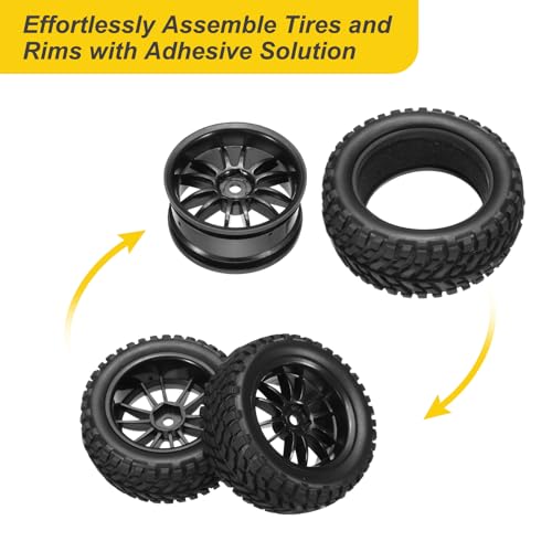 uxcell 4-Pair High-Grip RC Car Tire & Wheel Set for 1/10 Scale On-Road Touring Cars - Soft Rubber Tyres with 12mm Hubs, Black, Type E