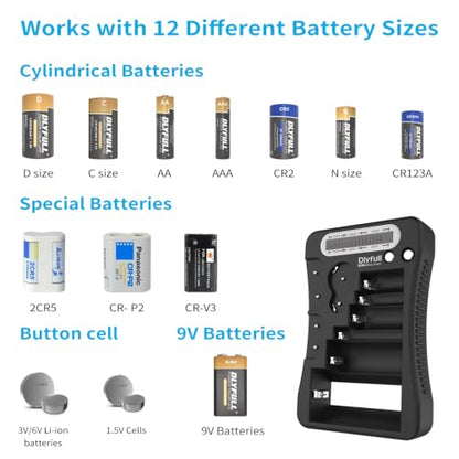 Battery Tester for AA AAA C D 9V, Button Cell & Household Batteries | LCD Display Universal Battery Checker for CR2032 CR123A CR2 CRV3 2CR5 CRP2, 1x AAA Batteries Included