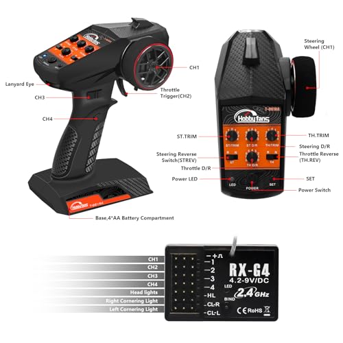 RC Radio System 4CH 2.4G RC Transmitter with Receiver and Lanyard Anti-Jamming Remote Controller for 1/10 1/12 1/14 1/16 1/18 1/24 RC Car Crawler Boat - color: Black & Orange