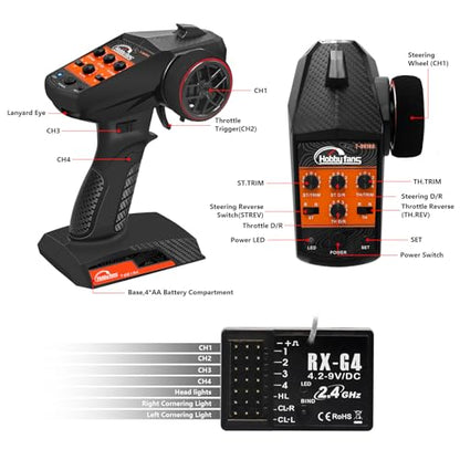 RC Radio System 4CH 2.4G RC Transmitter with Receiver and Lanyard Anti-Jamming Remote Controller for 1/10 1/12 1/14 1/16 1/18 1/24 RC Car Crawler Boat - color: Black & Orange