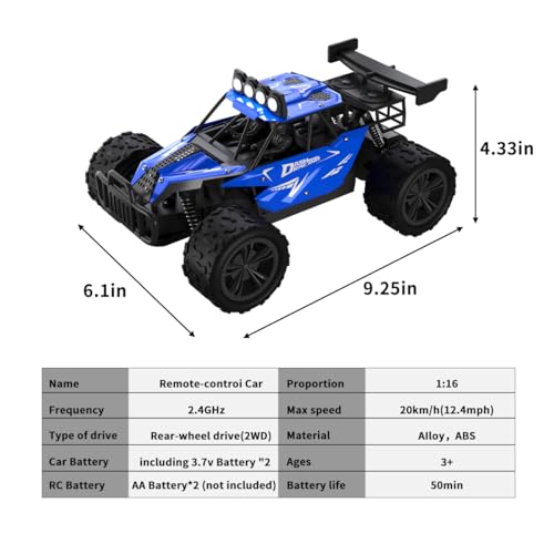 Remote Control Car Monster Truck Toys 1:16 Scale RC Car For Boys 2.4GHz High Speed 20 km/h With LED Headlights,Rechargeable RC Cars Gifts for Boys 4-7 8-12 Christmas, Beginner, Kids 6-12+(Blue) - color: Blue