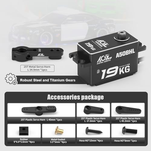 AGFRC 19KG 0.073Sec Low-Profile Servo for 1/10 RC Drift Car (A50BHL) | Brushless Motor, Full Metal Gear, 8.4V HV, 25T Metal Horn, Programmable, High Speed Servo for Crawler/Touring Car