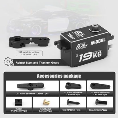 AGFRC 19KG 0.073Sec Low-Profile Servo for 1/10 RC Drift Car (A50BHL) | Brushless Motor, Full Metal Gear, 8.4V HV, 25T Metal Horn, Programmable, High Speed Servo for Crawler/Touring Car