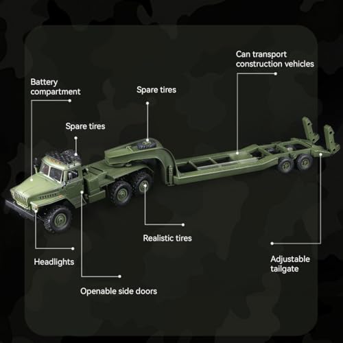 1/16 WPL RC Military Trailer, 2.4G 6WD 41.3 Inch Full-Proportional RC Transport Semi Trailer Tractor Truck Engineering Vehicle Models Toys