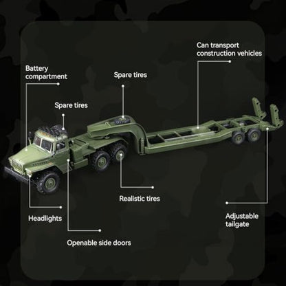 1/16 WPL RC Military Trailer, 2.4G 6WD 41.3 Inch Full-Proportional RC Transport Semi Trailer Tractor Truck Engineering Vehicle Models Toys