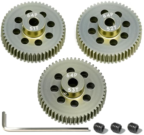 64P Pinion Gear 3.175mm Shaft 7075 Aluminum Alloy Motor Gears,0.6 Metric Pitch 51 52 53T with 1/8 Hole Pinion Gear Compatible with 1/10 Arrma HPI Kyosho Losi Axial Traxxas Tamiya RC Car - size: 51 52 53T