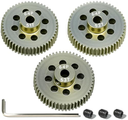 64P Pinion Gear 3.175mm Shaft 7075 Aluminum Alloy Motor Gears,0.6 Metric Pitch 51 52 53T with 1/8 Hole Pinion Gear Compatible with 1/10 Arrma HPI Kyosho Losi Axial Traxxas Tamiya RC Car - size: 51 52 53T