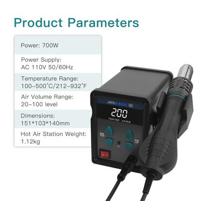 868D Hot Air Rework Station 700W Digital Display High Power with 7 Hot Air Nozzles Adjustable temperature and Air Volume, Automatic Sleep Function