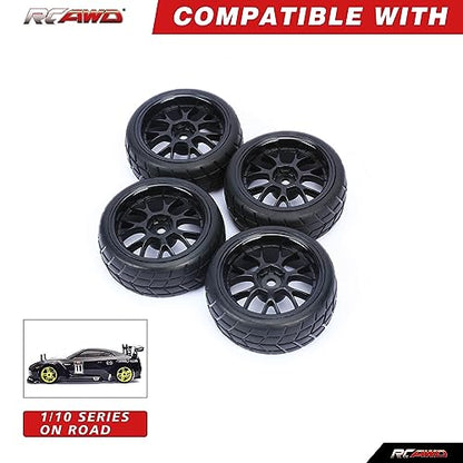 RCAWD Pre-Glued RC Wheel and Tires fit 12mm Hex Hub for 1/10 Redcat, Hpi, Tamiya, Associated, HSP,ExceedRC Series On Road Drift RC Car