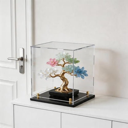 Acrylic Display Case with Raised Shelf, Clear Display Box with Black Base & Gold Standoffs, Dustproof Showcase for Collectibles, Figures, Model Cars – Easy Assembly (8×8×8 Inch) - size: 8"L x 8"W x 8"H