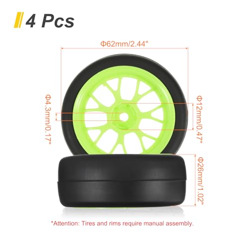 uxcell 4-Pair High-Grip RC Car Tire & Wheel Set for 1/10 Scale On-Road Touring Cars - Soft Rubber Tyres with 12mm Hubs, Green