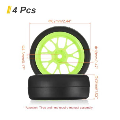 uxcell 4-Pair High-Grip RC Car Tire & Wheel Set for 1/10 Scale On-Road Touring Cars - Soft Rubber Tyres with 12mm Hubs, Green