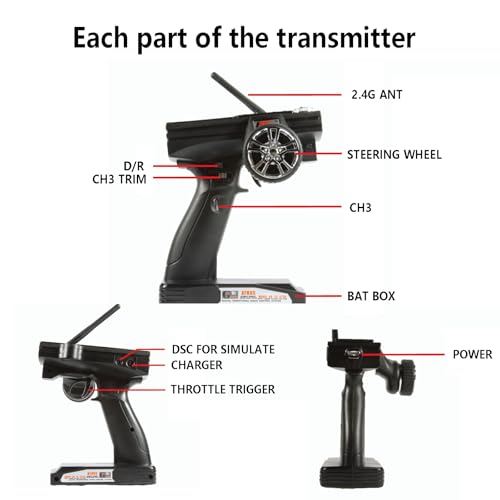 FS-GT3B 2.4GHz 3 Channel RC Transmitter with FS-GR3E Receiver, AFHDS Digital Proportional Radio Control System for RC Cars, Trucks, Boats