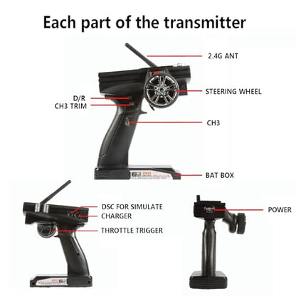 FS-GT3B 2.4GHz 3 Channel RC Transmitter with FS-GR3E Receiver, AFHDS Digital Proportional Radio Control System for RC Cars, Trucks, Boats